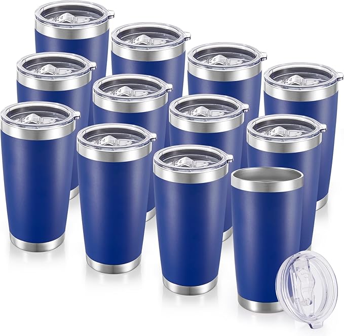 20 oz Tumblers Bulk Stainless Steel Tumbler with Lid Double Wall Vacuum Insulated Coffee Mug 20oz Powder Coated Cup for Hot and Cold Drinks (Blue, 12 pack)