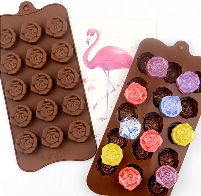 2PCS Rose Flower Chocolate Molds 15 Cavity Silicone Candy Molds Non-Stick Sweet Valentines Day Molds Gummy Ice Jelly Molds for Wax Melt Resin Casting Candles Soap