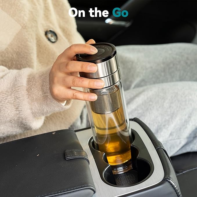 COMI Tea Bottle with Infuser,Double-Wall Glass Travel Mug with One Click Open Lid, Leak Proof Tea Infuser Bottle for Loose Leaf, Fruit & Flower Infused Drinks, Heat & Cold Resistant, Tea Gift Set