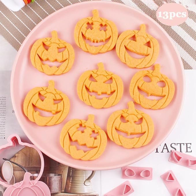 13Pcs Halloween Cookie Cutter Set Pumpkin Face Halloween Cookie Mold Biscuit Mold 3D Hollow Out Pumpkin Cake Baking Fondant Embosser Stamps Halloween Party DIY Cake Decorating Tools (A)