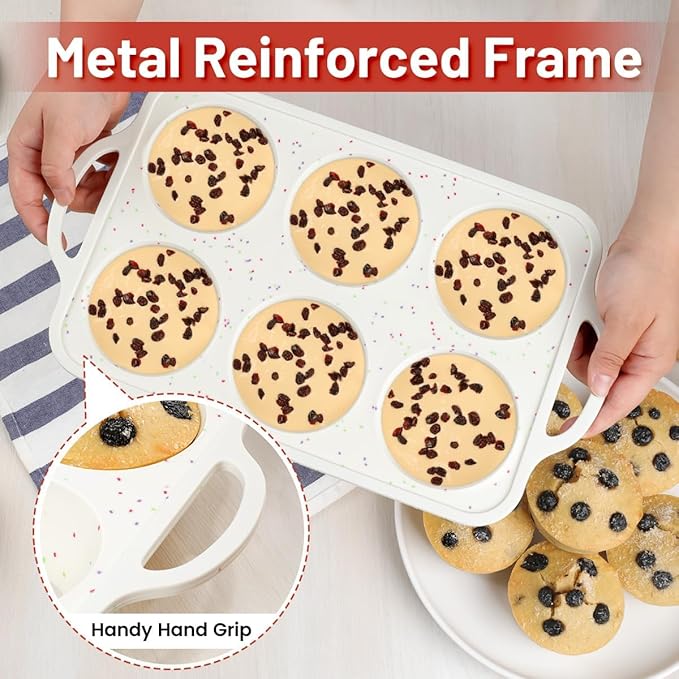 Large Muffin Pan, Metal Reinforced Frame 3.5 Inch Jumbo Silicone Muffin Pan Nonstick 6 Cups for Baking Jumbo Muffin, Frittatas, Jumbo Cupcakes 2 Pack Confetti