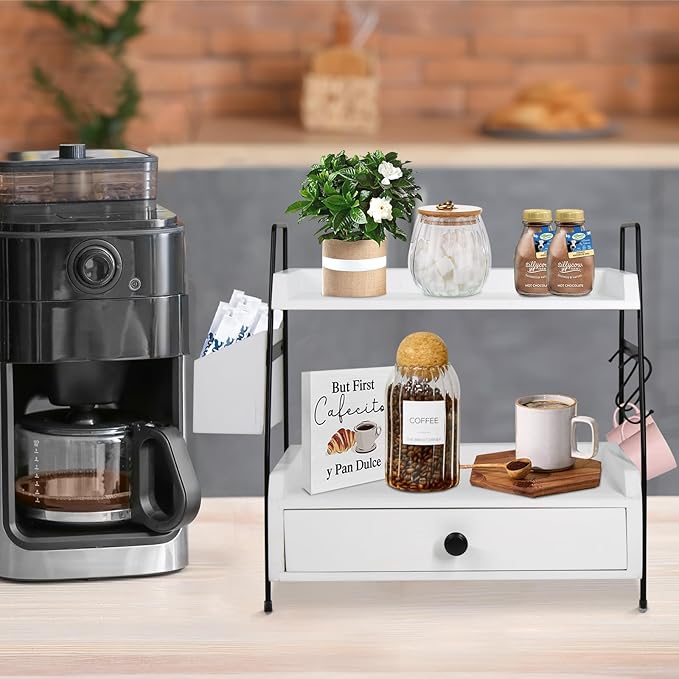 Coffee Bar Accessories and Organizer Countertop, Coffee Station Organizer Kitchen Counter Shelf Organizer, Coffee Condiment Storage, Cup Lid Holder Countertop Shelf for Bathroom