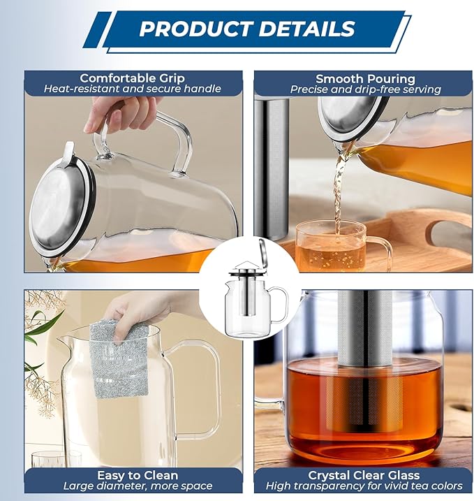 Aquach 68oz Glass Teapot with Stainless Steel Removable Infuser, Stovetop & Dishwasher Safe, Perfect for Brewing Loose Leaf Tea