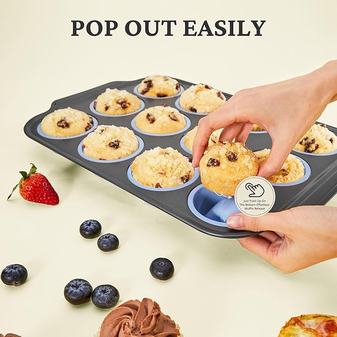 Silicone Muffin Pans for Baking with Metal Frame, Egg Bite Molds, Cupcake Pans 12 Regular Size, Muffin Tins Easy to Pop Nonstick Non Toxic Bakeware for Oven,Blue