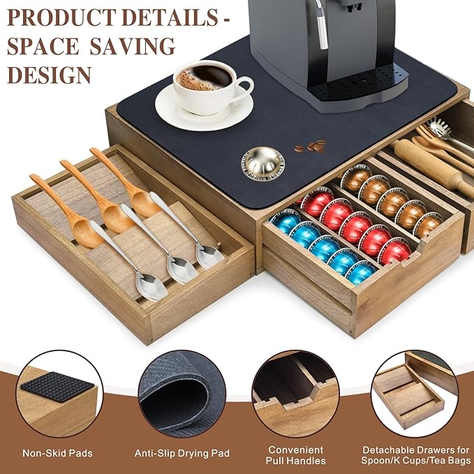 Mosucoirl Wooden K Cup Holder Organizer,Coffee Cup Drawer With Coffee Mat Coffee Pod Holder Tea Bag Storage Organizer Counter Coffee Maker Stand for Kitchen Office Coffee Bars