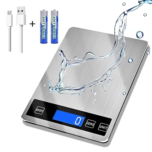 33lb Food Scale, Digital Kitchen Scale Batteries and USB Charging,1g/0.05oz Precise Graduation, Waterproof Stainless Steel with LCD Display Weight Grams and oz for Cooking Baking (Stainless Steel)