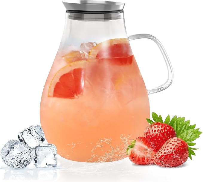 Glass Pitcher, 51 oz Glass Water Pitcher Jug Carafe, 0.4 Gallon Clear Tea Pitchers With Handle And Lid, Pitcher With Lid And Spout for Hot/Iced Water Milk Juice Coffee Fruit