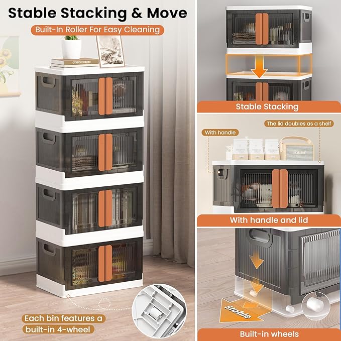 8.4Gal Collapsible Storage Bins with Lids & Wheels - 4 Pack Stackable with Doors, Heavy-Duty Plastic Containers for Home/Office, White