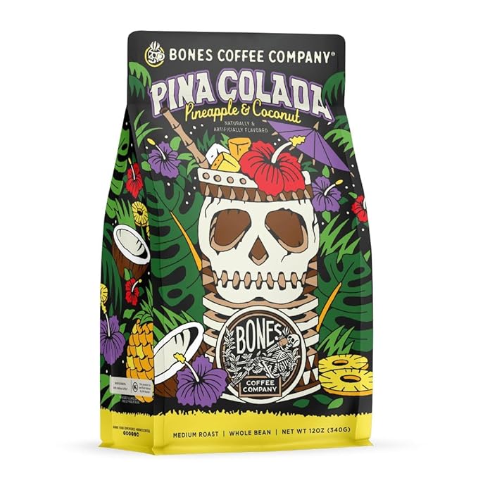 Bones Coffee Company Pina Colada, Pineapple and Coconut Flavored Coffee, Medium Roast Low Acid Arabica Beans Compatible with Auto drip and French Press Coffee Maker, 12 Oz Whole Bean