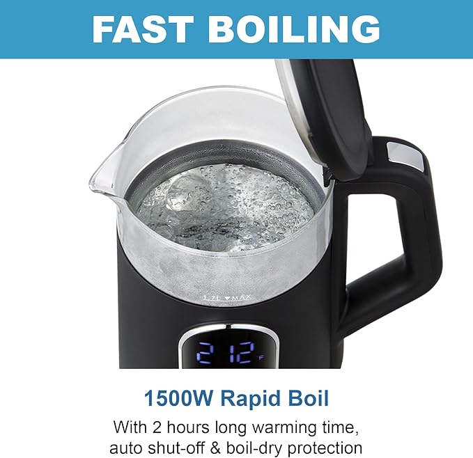 Electric Kettle, 1500W Fast Boiling Glass Water Kettle with Temperature Control, 1.7L Cordless Stainless Steel Base, Keep Warm & Auto Shut-Off, BPA-Free, Black