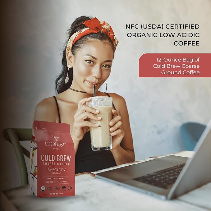 Lifeboost Dark Cold Brew Coffee - Single Origin Non-GMO USDA Organic Low Acid Coarse Ground Coffee for Cold Brew - 3rd Party Tested For Mycotoxins & Pesticides - 12 Ounces