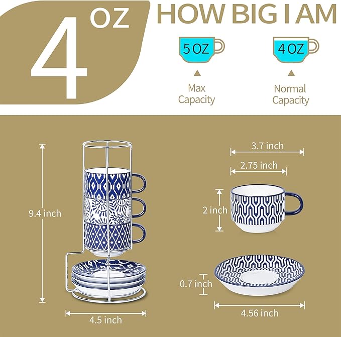 Selamica Ceramic Espresso Cups with Saucers and Metal Stand, 4 OZ Stackable Cappuccino Cups, Demitasse Cups for Latte Coffee Café Mocha Tea, Set of 4, Vintage Blue