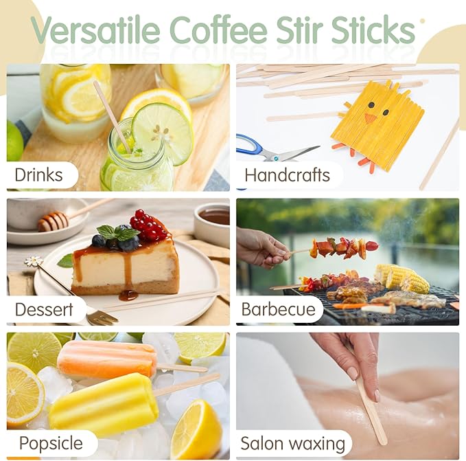 WISYOK 500 PCS Coffee Stirrers, 7 Inch Premium Birch Wood Sticks, Smooth Round Ends, Splinter-Free Disposable Stir Sticks for Coffee, Cocktails, Office, Home Use