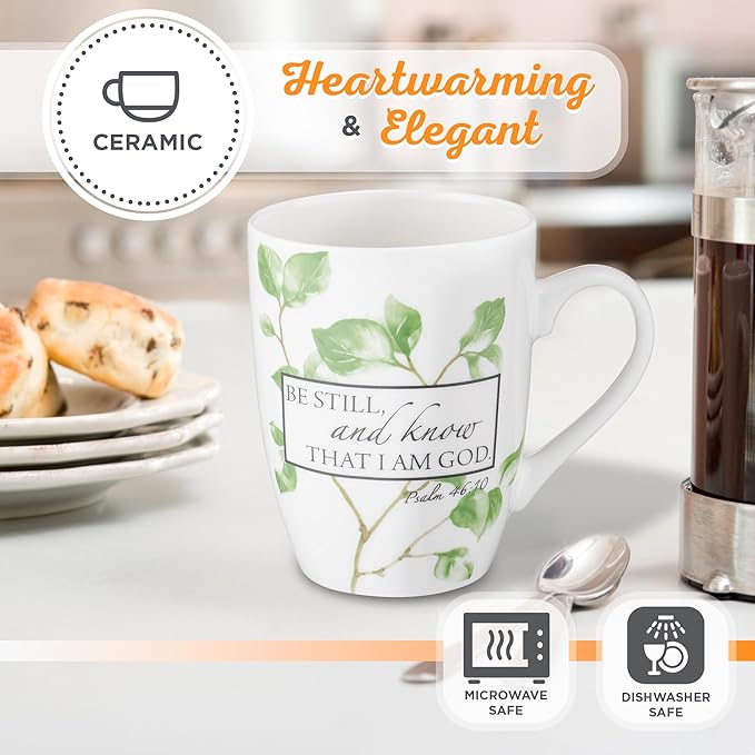 Christian Art Gifts Encouraging Scripture Ceramic Coffee & Tea Mug for Women: Be Still & Know Bible Verse Psalm, Inspirational Microwave/Dishwasher Safe Drinkware, White & Green Leaf Branches, 12 oz.