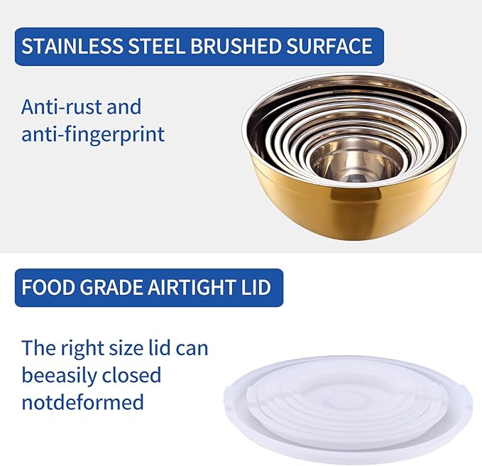Gold Mixing Bowls With Airtight Lids,Stainless Steel Bowl,Salad Bowls 7 Piece Colorful Nesting Bowl Gold Kitchen Accessories,Size 7,3.6,2.7,2.1,1.5,1.1,0.8QT Stackable Design