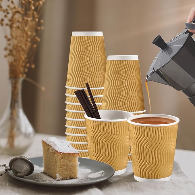 90 Pack - 8 oz Disposable Coffee Cups with Lids and Straws,To go Coffee Cups,Insulated Corrugated Paper Cups,Kraft Ripple Wall Cups for Hot Beverage or Cold Drinks -Champagne