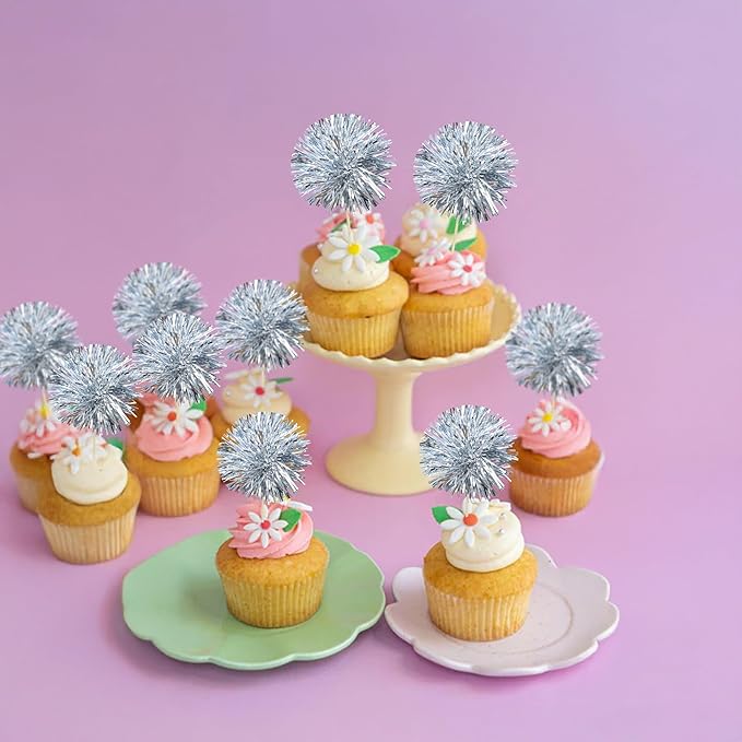 Gyufise 30Pcs Foil Firework Cupcake Toppers Sparkle Tinsel Cake Toppers Tinsel Drink Cake Decoration Cocktail Picks for Birthday Wedding Graduation Party Supplies Dark Silver