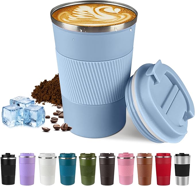 Vacuum-Insulated Stainless Steel Travel Coffee Mug, Leak-Proof Reusable Coffee Cup with Lid - Keep Hot & Cold Drinks for Hours, Durable Thermos Tumbler for Men & Women (3rd-Light Blue, 17OZ)