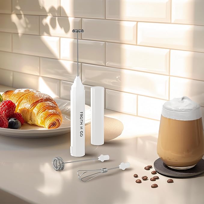 Zulay Kitchen FrothMate Powerful Milk Frother Portable & Compact Handheld Foam Maker Lattes, Cappuccinos (Blizzard White, Froth N Go)