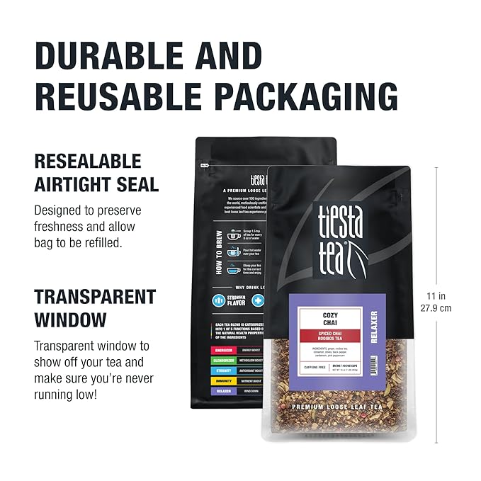 Tiesta Tea - Cozy Chai, Loose Leaf, Spiced Chai Rooibos Tea, Premium Caffeine-Free Herbal Blend, Makes Hot or Iced & Up to 200 Cups, 16oz Resealable Bulk Pouch