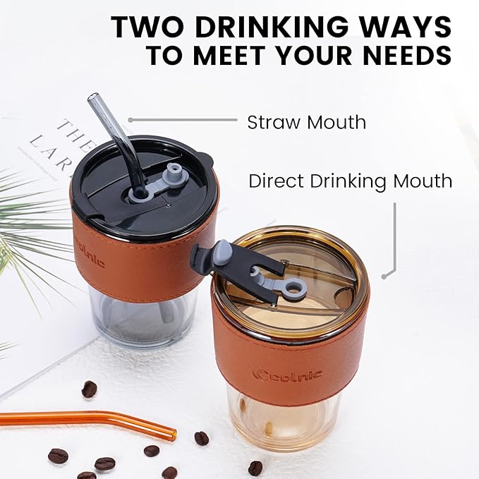 Iced Coffee Cup, 15Oz/450ml Glass Cups With Lids And Straws, Iced Coffee Glasses Tumbler, Thick Wall Glass Mug For Tea Water With 2 Straw And Leather Sleeve, Xmas Gifts (Amber 2PCS)