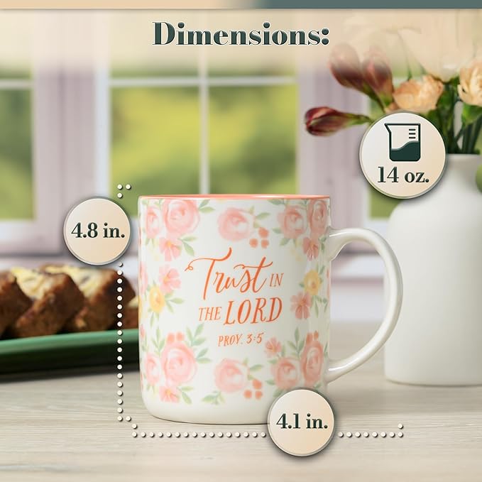 Christian Art Gifts Large Inspirational Women's Ceramic Coffee & Tea Scripture Mug: Trust in the Lord Encouraging Bible Verse, Microwave/Dishwasher Safe Novelty Drinkware, White & Pink Floral, 14 oz.
