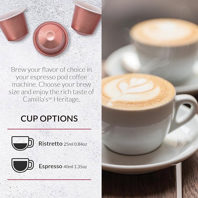 Camilla’s Heritage - Intensity 8 Chocolate Flavored Espresso Coffee, Gourmet Espresso Cups, 60 Coffee Pods