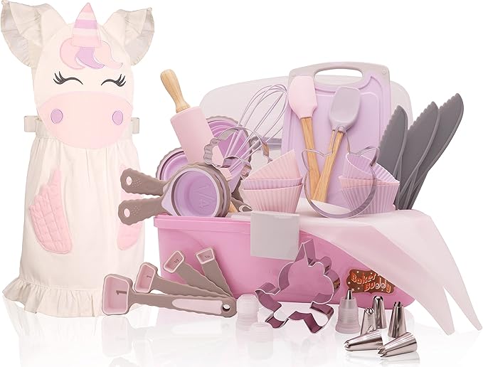 Baker Buddy Unicorn Kids Real Baking Set with Storage case, Real Working Utensils, Cookie Cutters, and Baking Supplies, Beautiful Unicorn Apron for Kids.