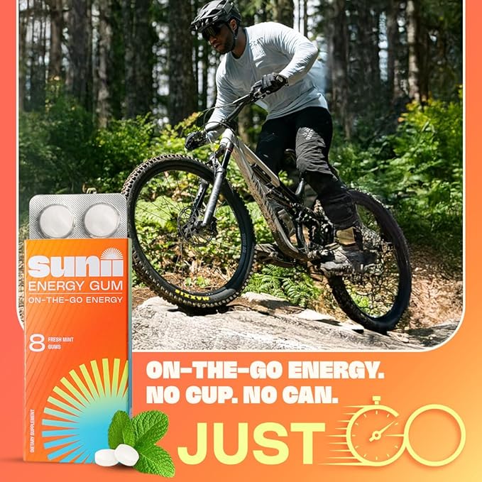 Sunii - Energy Gum - NEW Quick Boost Energy & Focus - 50mg Caffeine Gum -Vitamins B6 & B12, Taurine, Vegan, No Sugar, Zero Calorie, Fresh Mint Taste - Faster than Chews, Drinks, Gels & Pills (48pcs)