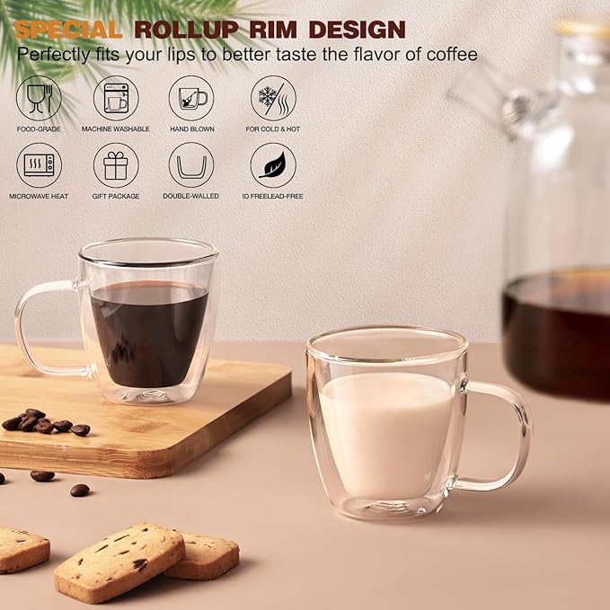Espresso Cups Set of 4, Double Wall Hand Blown 5.5OZ Espresso Shots Glass, Coffee Mugs with Handle Perfect for Cappuccino, Latte, Tea