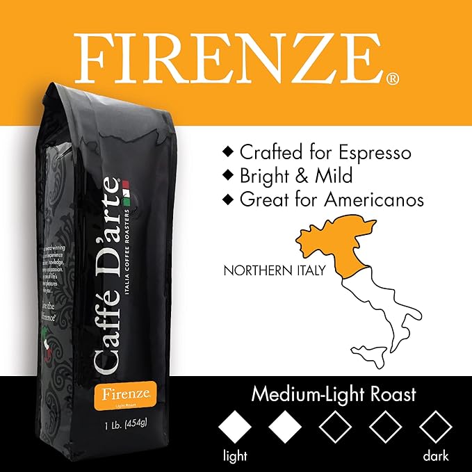 Caffe D'arte Firenze Whole Bean Espresso Coffee – Medium Light Roast, Bright & Mild Flavor, Sweet & Smooth Aroma – Crafted for Espresso & Americanos, 1 Pound Bag, Pack of 2