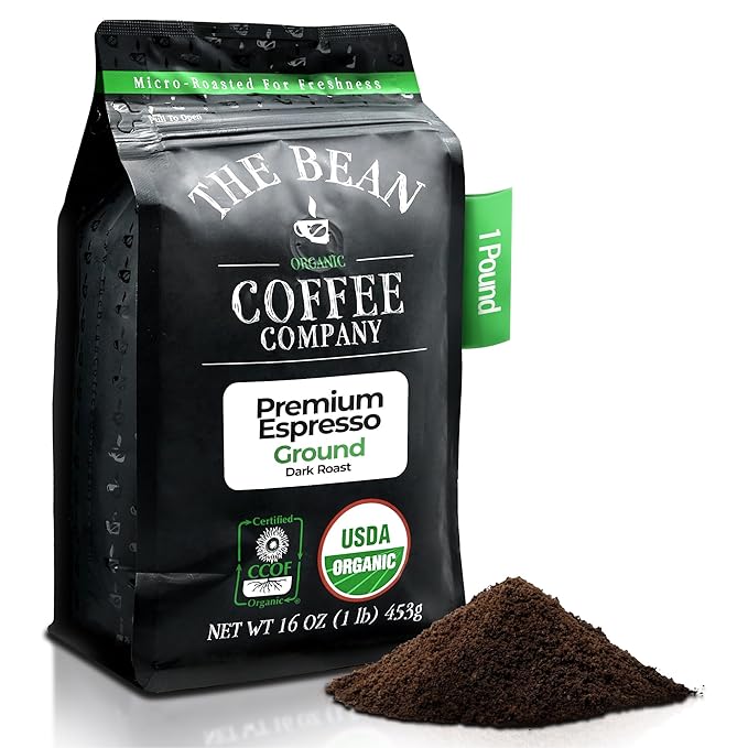 The Bean Organic Coffee Company Premium Espresso, Dark Roast, Ground Coffee, 16-Ounce Bag, Café molido tostado orgánico