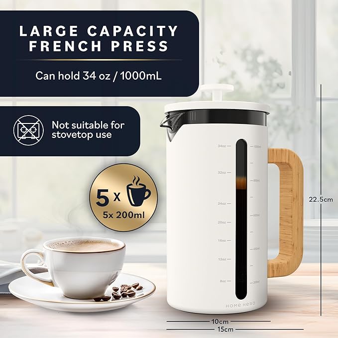 Home Hero French Press Coffee Maker - 34 oz Coffee Press with Bamboo Wood Handle, Heat Resistant Thick Borosilicate Glass French Presses, 4 Layer Filter, French Press Stainless Steel (Light Cream)