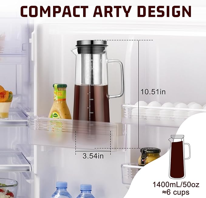 Cold Brew Coffee Maker, 1.4L/48oz Slim Borosilicate Glass Pitcher with Stainless Steel Filter, Fit Fridge Door, Dishwasher Safe & Airtight Lid, Mannual Included, Iced Tea & Fruit Infuser