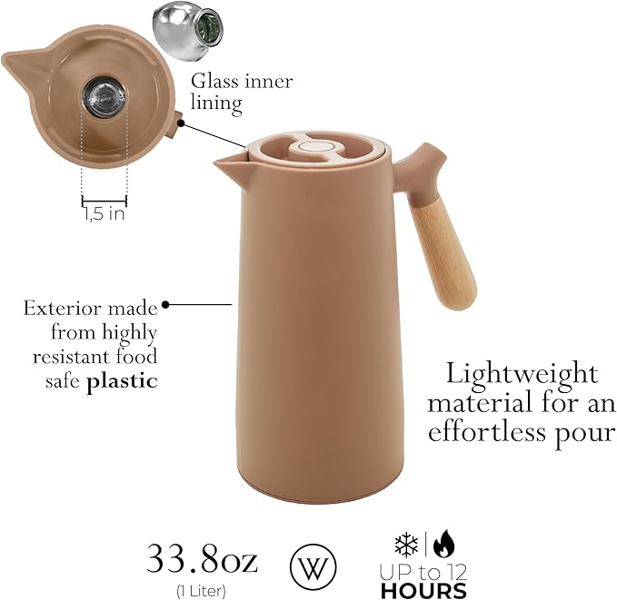 WOLFF - Thermal Coffee Carafe – 34oz/1L Insulated Food-Safe Plastic Exterior and Glass Liner, Wood-Style Handle – Keeps Drinks Hot or Cold for Hours, Coffee and Tea Dispenser - Nude Pink, 34floz/1L