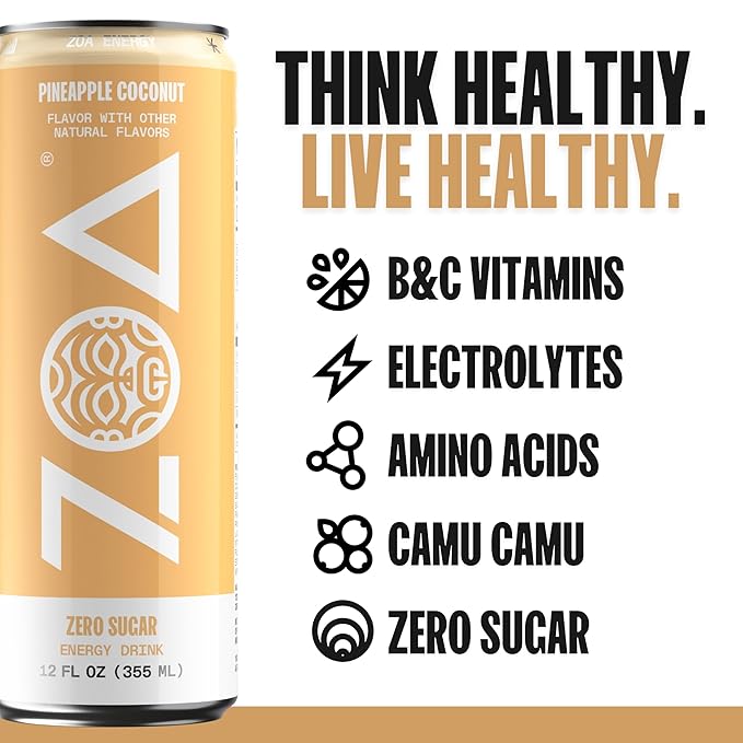ZOA Zero Sugar Energy Drinks, Pineapple Coconut - Sugar Free with Electrolytes, Healthy Vitamin C, Amino Acids, Essential B-Vitamins, and Caffeine from Green Tea - 12 Fl Oz (12-Pack)
