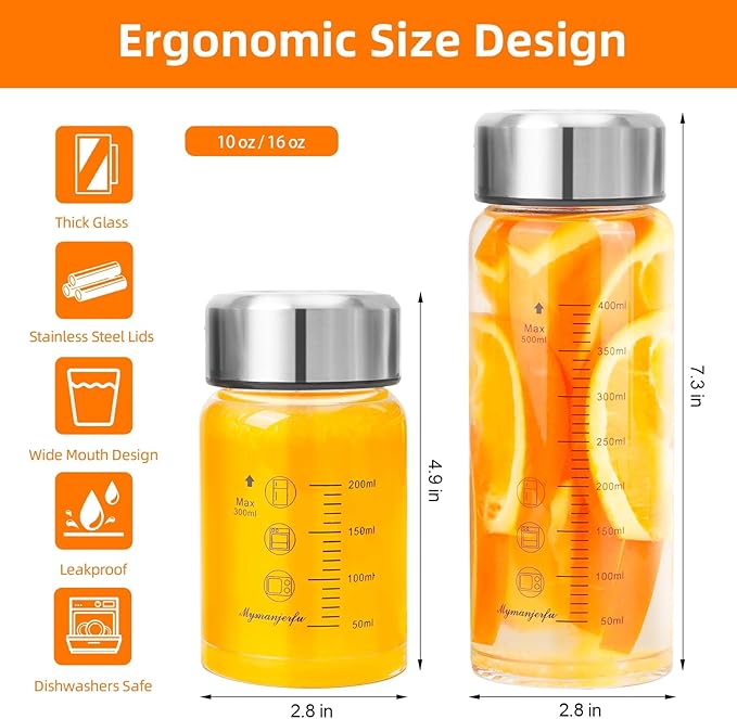 Glass Juice Bottles 16 oz - Wide Mouth Glass Water Bottles with Lids and Sleeve- for Juicing, Smoothies, Milk, Protein, Reusable, Stainless Steel Lids, Leak Proof, Shaker bottle (16oz/500ml)