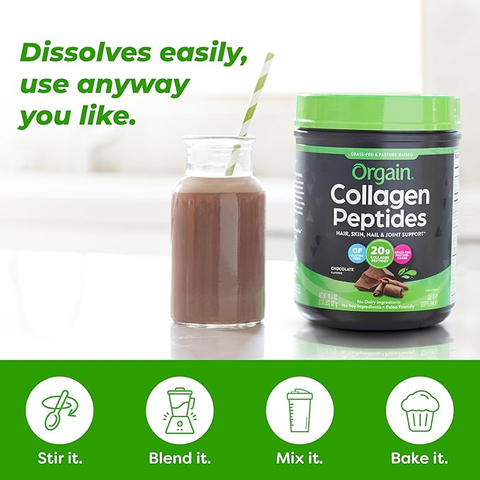 Orgain Hydrolyzed Collagen Peptides Powder For Women & Men, Chocolate, 20g Grass Fed Collagen - Hair, Skin, Nail, & Joint Support Supplement, Paleo & Keto, Non-GMO, Type I and III, 1lb