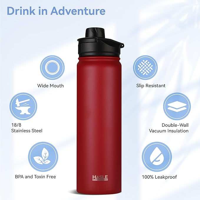 HASLE OUTFITTERS Insulated Water Bottle 22 oz Double Wall Stainless Steel Water Bottle Wide Mouth with Straw Lid & Spout Lid Keeps Cold or Hot(Red,1)