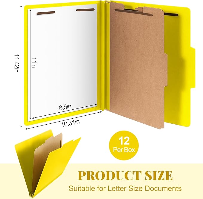 12 Pcs Classification Folders Letter Size, Back to School Supply for Teacher, Student, 1 Divider Pressboard File Folder Bulk with 2 Fasteners, 3.5 Inch Expanding File Organizer (Yellow)