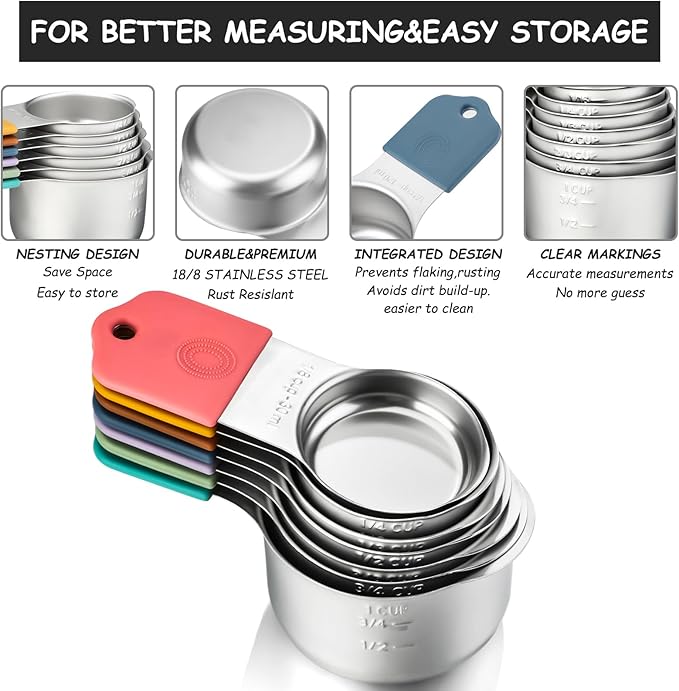 Magnetic Measuring Cups Set 7 Stainless Steel Stackable Nesting Measuring Cups for Measuring Dry and Liquid Ingredients