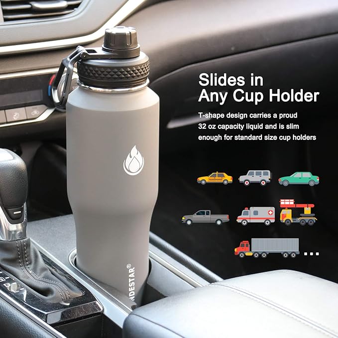 SENDESTAR Water Bottle 32oz,2 Lids(Straw lid),Wide Mouth Stainless Steel Vacuum Insulated Double Wall Keep Liquids Cold or Hot All Day,Sweat Proof Sport Design,Fit Car Cup Holder(Gray)
