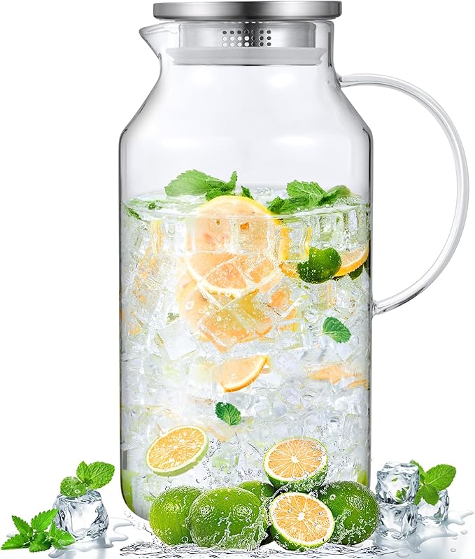 1 Gallon Glass Pitcher with Lid and Spout, Bivvclaz Glass Water Pitcher for Fridge, Glass Carafe for Hot/Cold Water, Iced Tea Pitcher, Large Jug for Coffee, Juice and Homemade Beverage