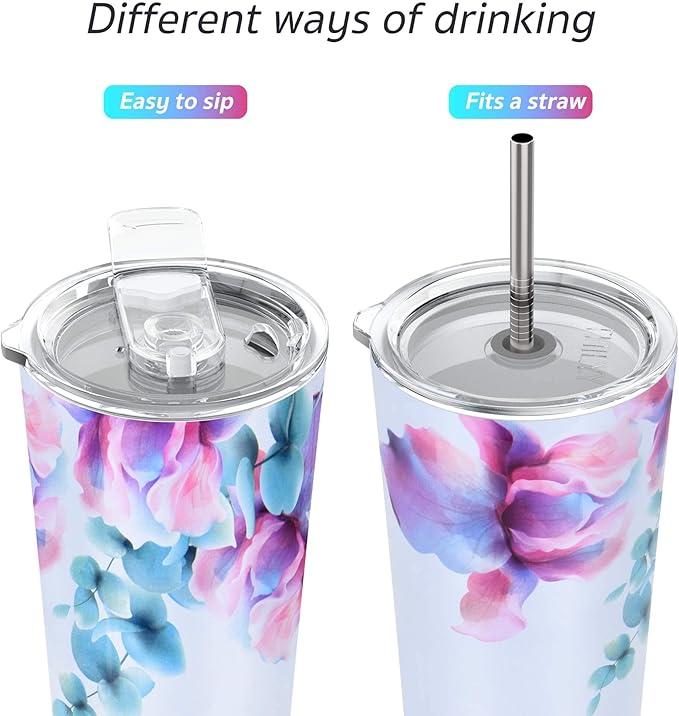 THILY Stainless Steel Vacuum Insulated Tumbler Travel Mug 26 oz Coffee Cup with 2 Lids and Straws, Splash Proof, Keep Ice Drinks Cold, Pink Lilies
