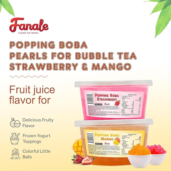 Fanale Strawberry Mango Popping Boba Pearls, Vegan, Non GMO, Gluten Free, Fat Free, Perfect for Bubble Tea, Smoothies, Ice Cream, Desserts, and Beverage 2 lb (1 lb X 2).
