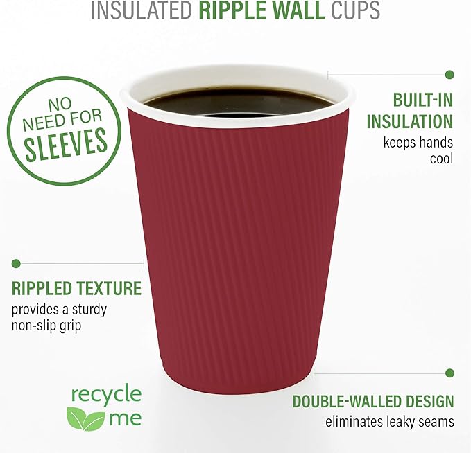 Restaurantware 8 Ounce Double Wall Disposable Coffee Cups, 500 Insulated Crimson Paper Tumblers, Ripple Wall Design, Lids Sold Separately for Hot Drinks like Tea, Hot Chocolate, and More