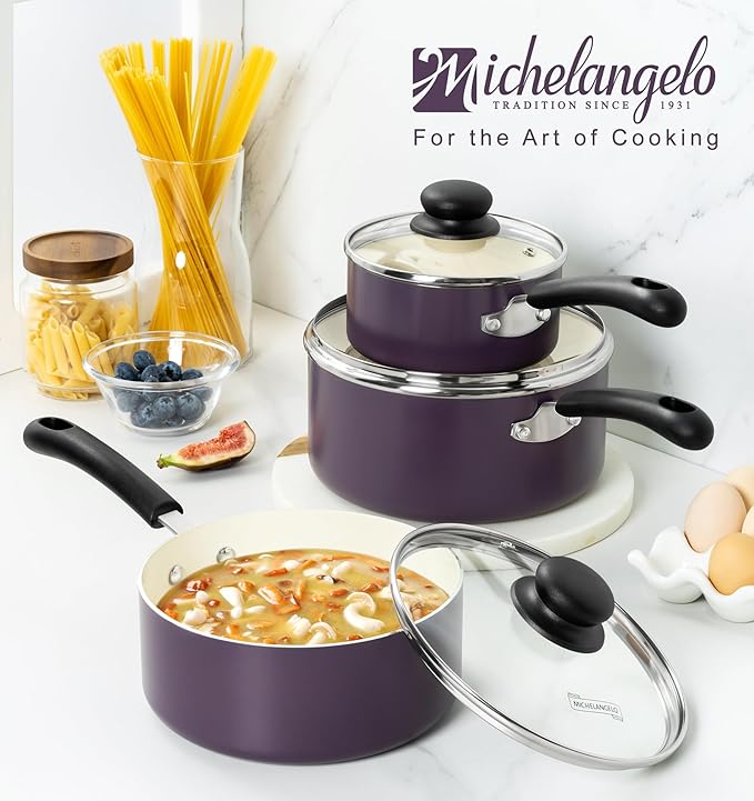 MICHELANGELO Nonstick Sauce Pan with Lid, Ceramic Saucepan Set, Non Toxic Small Saucepans Sets with Stay-Cool Handle, Induction Pots For Cooking, PTFE & PFOA Free - 1Qt & 2Qt & 3Qt, Purple