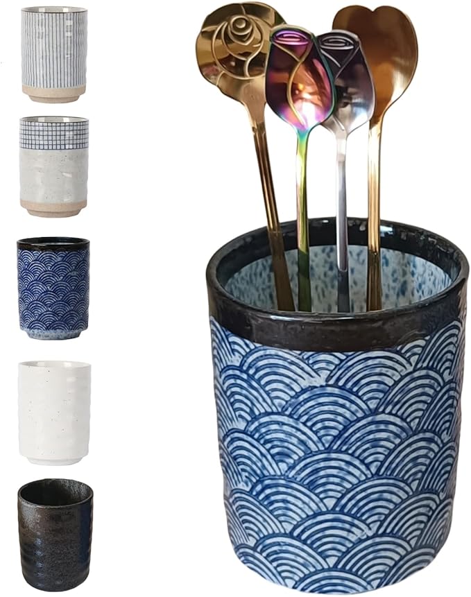 Stoneware Coffee Bar Utensil Holder Tea & Coffee Spoon & Stirrer Holder for Stir Stick Straw Teaspoon Holder Spoon Cup Small Utensil Jar (Blue Wave)