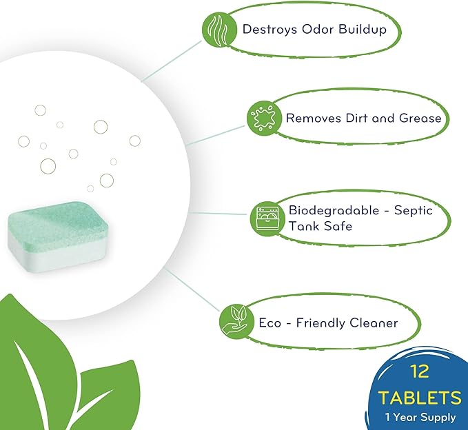 Dishwasher Cleaner, Heavy Duty, Septic Safe, Removal of Odors, Limescale, Smell, Grime, and Calcium - 12 Tablets - 12 Month Supply - Unscented
