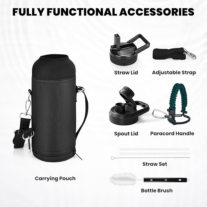 Insulated Water Bottle 40 oz, Triple Wall Vacuum Stainless Steel (Cold for 48 Hrs), Leak Proof & Non-BPA, Modern Water Flask Jug with Paracord Handle & Straw Spout Lids, Dark Green